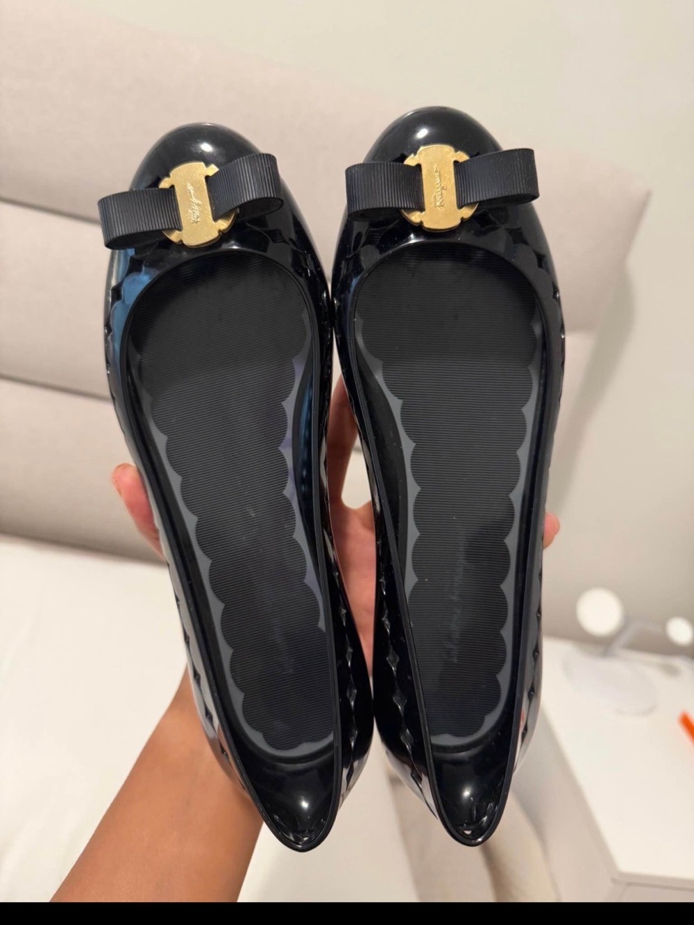 Salvatore Ferragamo Black Patent Bow Flats with Gold Plaque